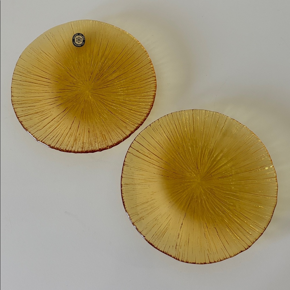 2 x Vintage Sasaki Amber Textured Ice Glass Bread Plates Japan 1970s